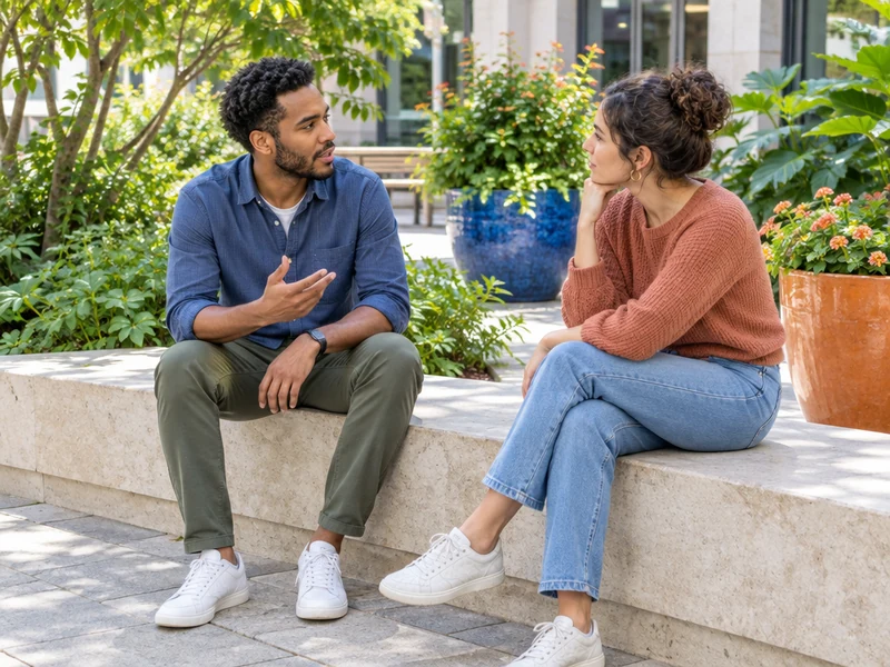 שני מבוגרים משוחחים בשקט על גבולות וציפיות בזוגיות בחצר עירונית מוארת ומלאת צמחייה