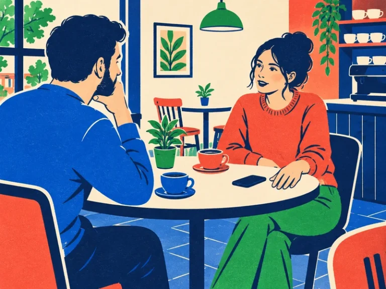 איור הדפס רשת של שני מבוגרים משוחחים בשקט בדייט בבית קפה, כשהטלפון מונח בצד
