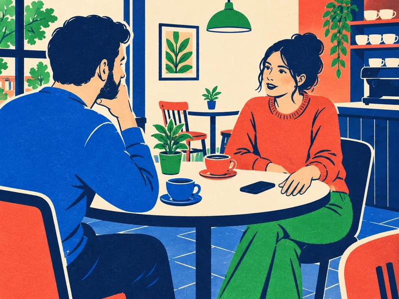 איור הדפס רשת של שני מבוגרים משוחחים בשקט בדייט בבית קפה, כשהטלפון מונח בצד