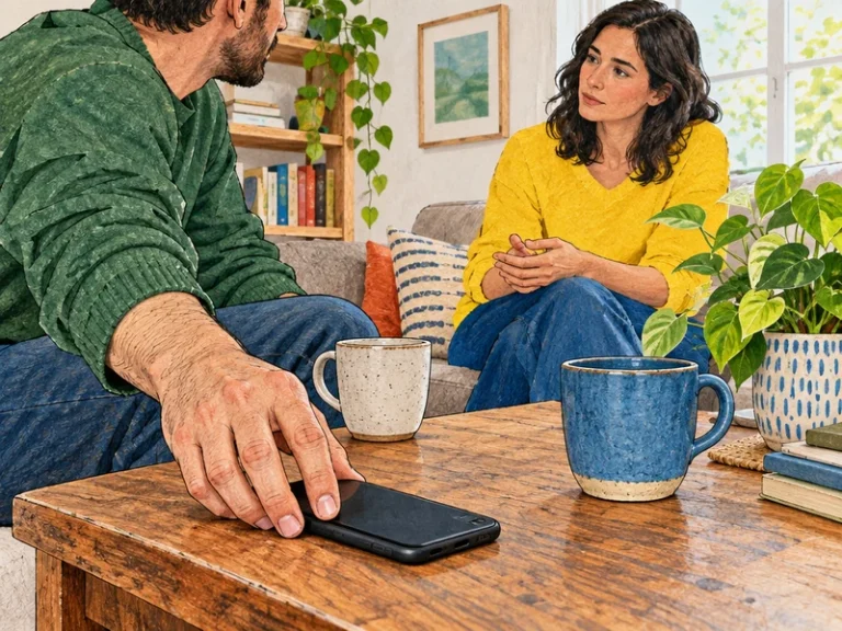 איור עריכתי בטכניקה מעורבת של יד המניחה טלפון הפוך על שולחן בזמן ששני מבוגרים משוחחים ברוגע ברקע