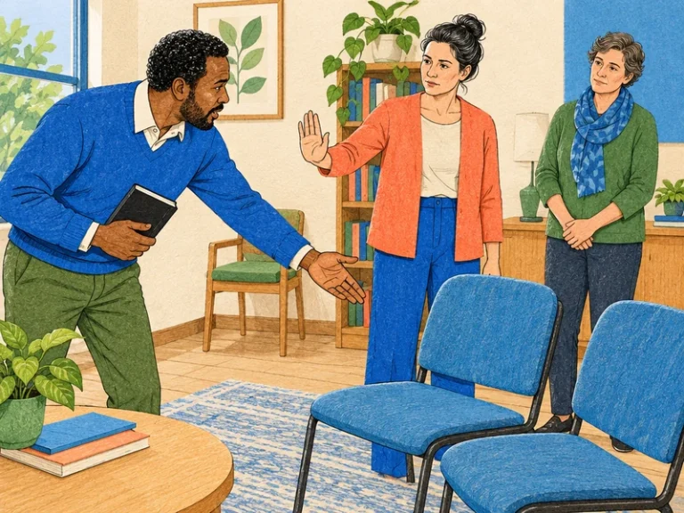 איור מדיה מעורבת של שלושה מבוגרים בחדר קהילתי, שבו אדם מציב גבול מול לחץ להתחייב לזוגיות בשם האמונה