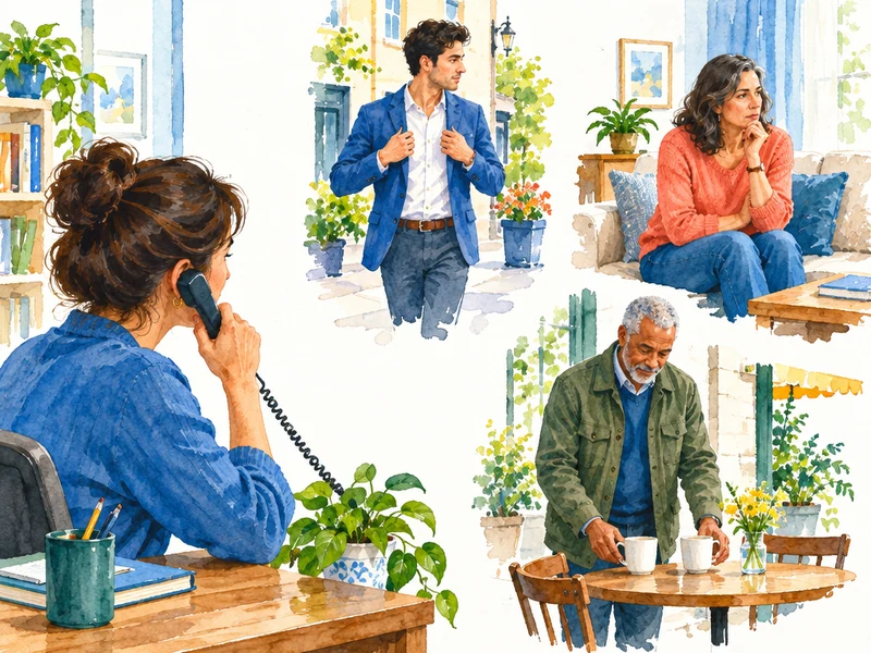 איור בצבעי מים של יועץ המקשיב לשיחת טלפון ולצדו סצנות של מבוגרים המתמודדים עם היכרויות וזוגיות