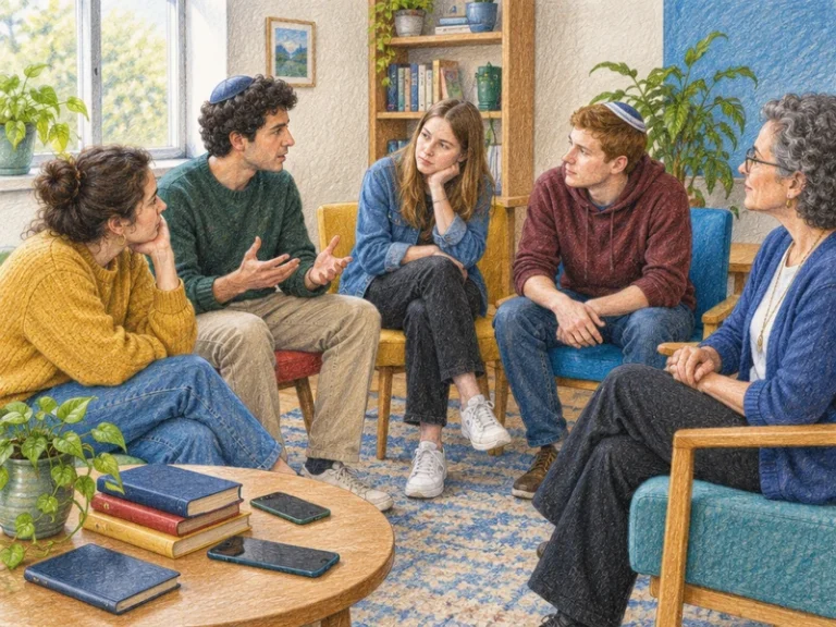 איור בעפרונות צבעוניים של צעירים בוגרים ומנחה בשיחה פתוחה על אמונה, ספק וזהות בחדר לימוד קהילתי