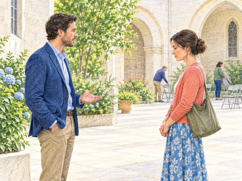 איור בעפרונות צבעוניים של שני מבוגרים המשוחחים ברוגע ובכבוד בחצר כנסייה מוארת לאחר מפגש קהילתי