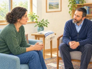 איור בעפרונות צבעוניים של אדם בוגר בשיחה רגועה עם דמות רוחנית בחדר מואר, לצד טלית מקופלת